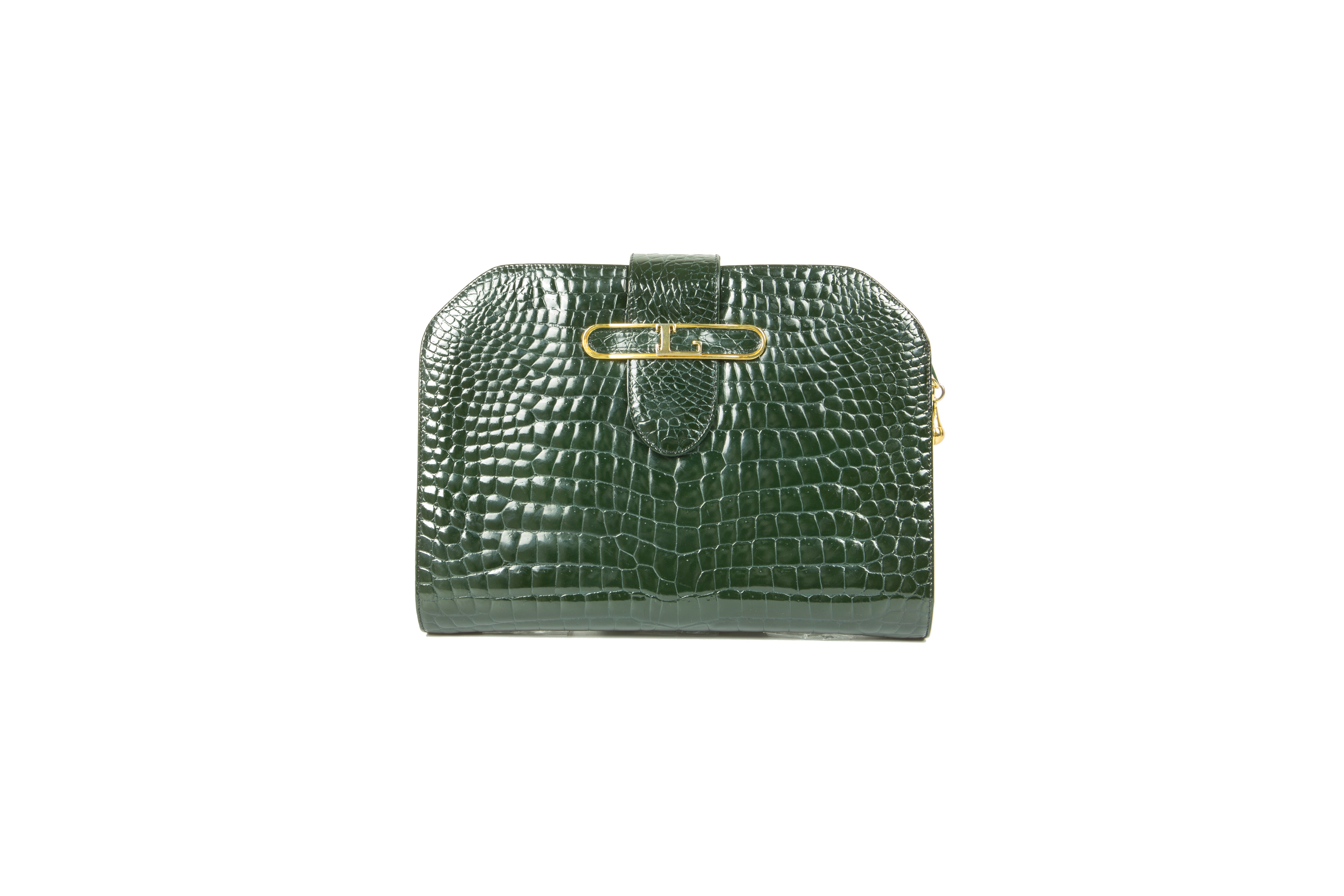 1970s Louise Fontaine Green Crocodile Clutch / Shoulder Bag For
