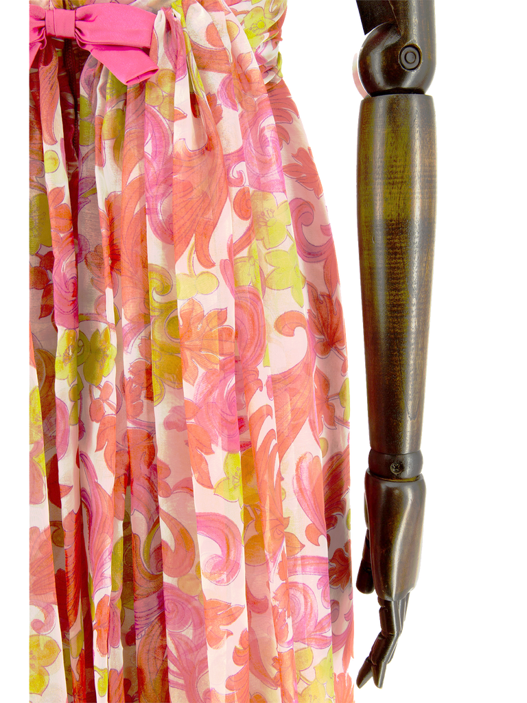 1960s Jean Allen London Psychedelic Floral Print Evening Dress - De L'Époque