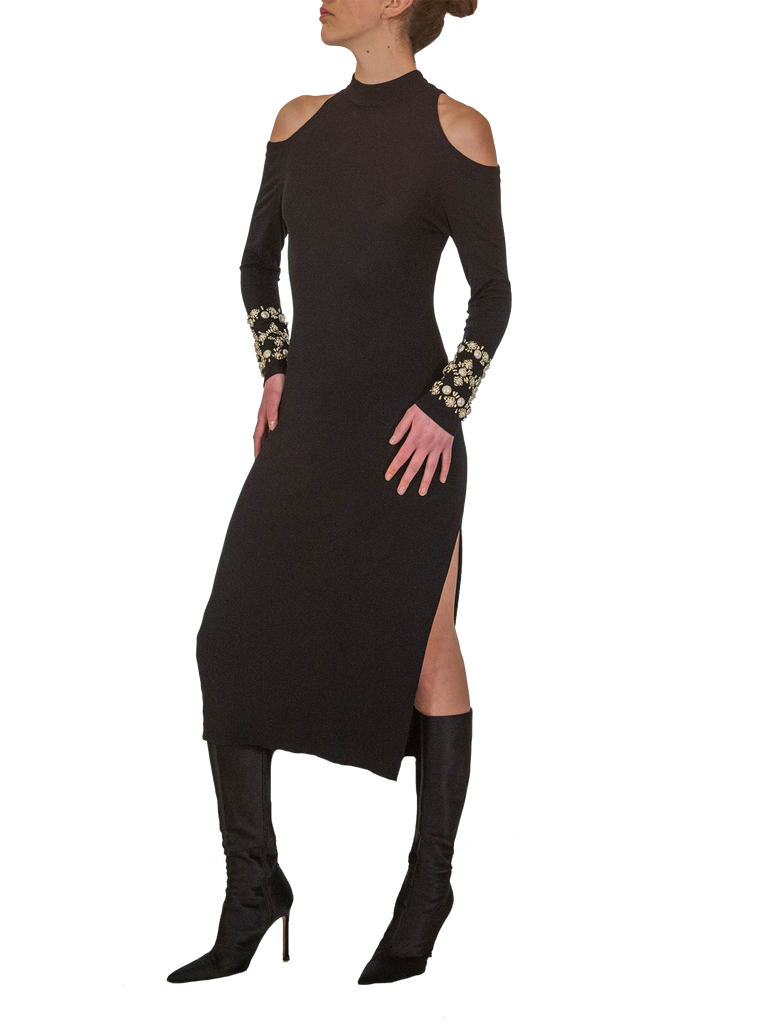 1970s Black Knit Dress With Beaded Sleeves - De L'Époque