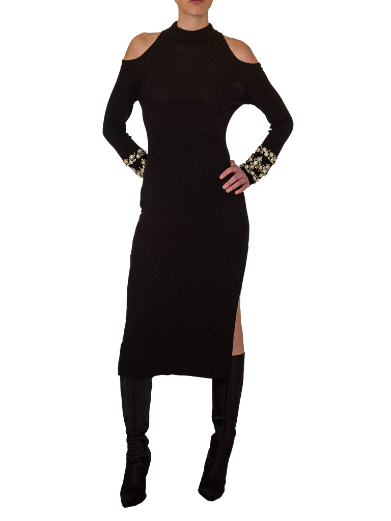 1970s Black Knit Dress With Beaded Sleeves - De L'Époque