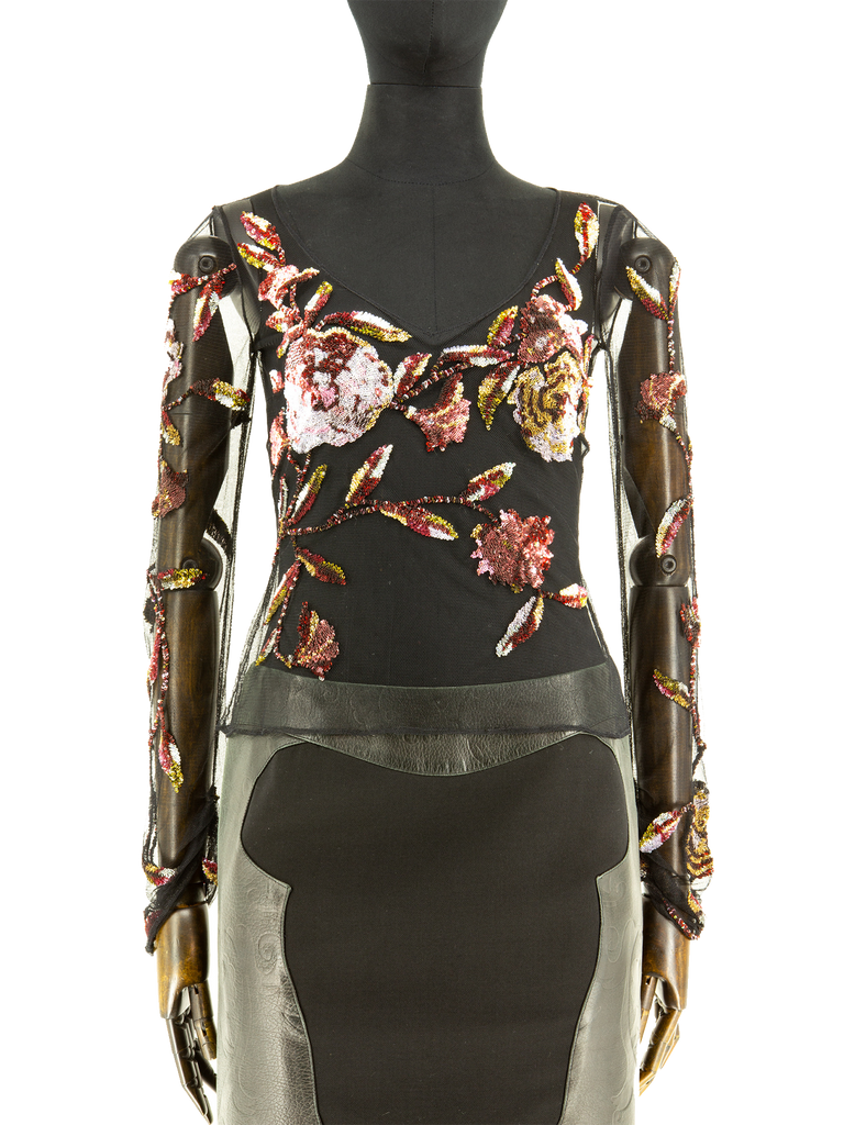 Tulle Top With Sequin Floral Embroidery - De L'Époque