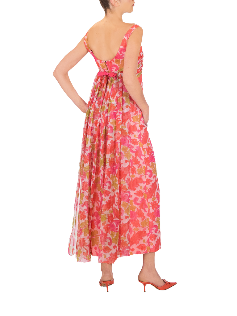 1960s Jean Allen London Psychedelic Floral Print Evening Dress - De L'Époque