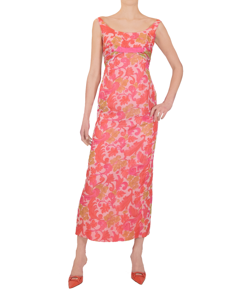 1960s Jean Allen London Psychedelic Floral Print Evening Dress - De L'Époque